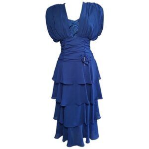 Cheryl Kaye 1980's Blue Tiered Formal Gown Lace Accent